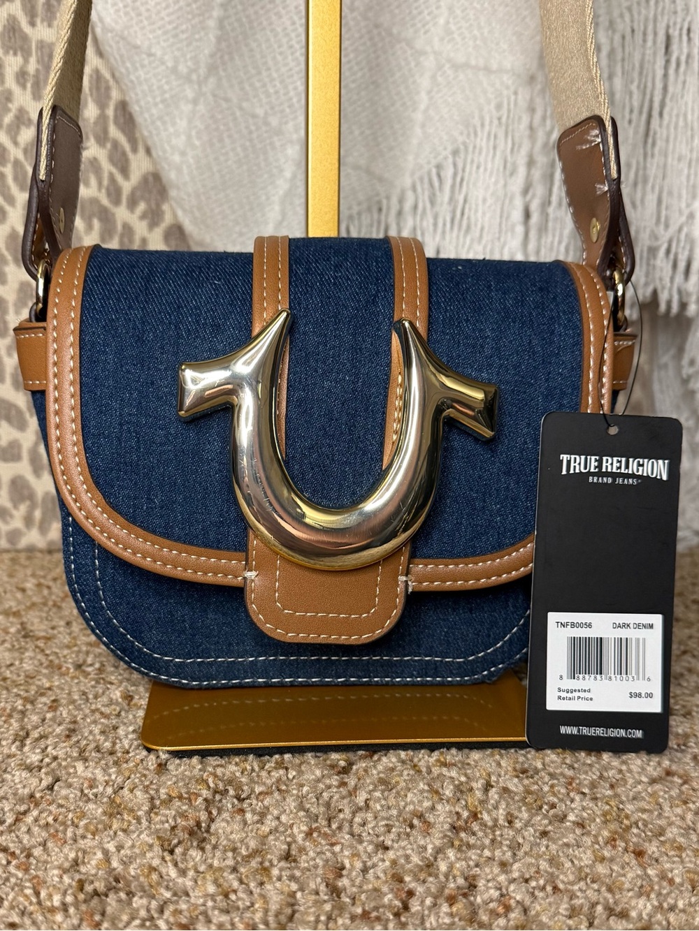 True Religion Dark Denim and Brown Leather Crossbody with Gold Accent